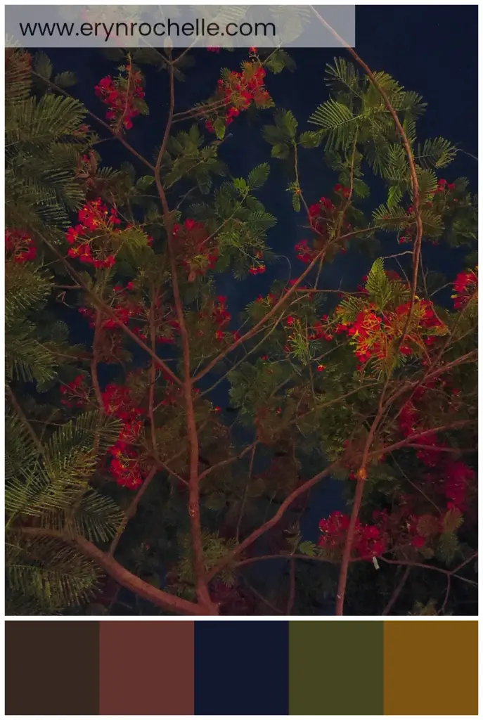 A tree with red flowers and green leaves, showcasing the rich, earthy tones of the bark and the vibrant hues of the blossoms.