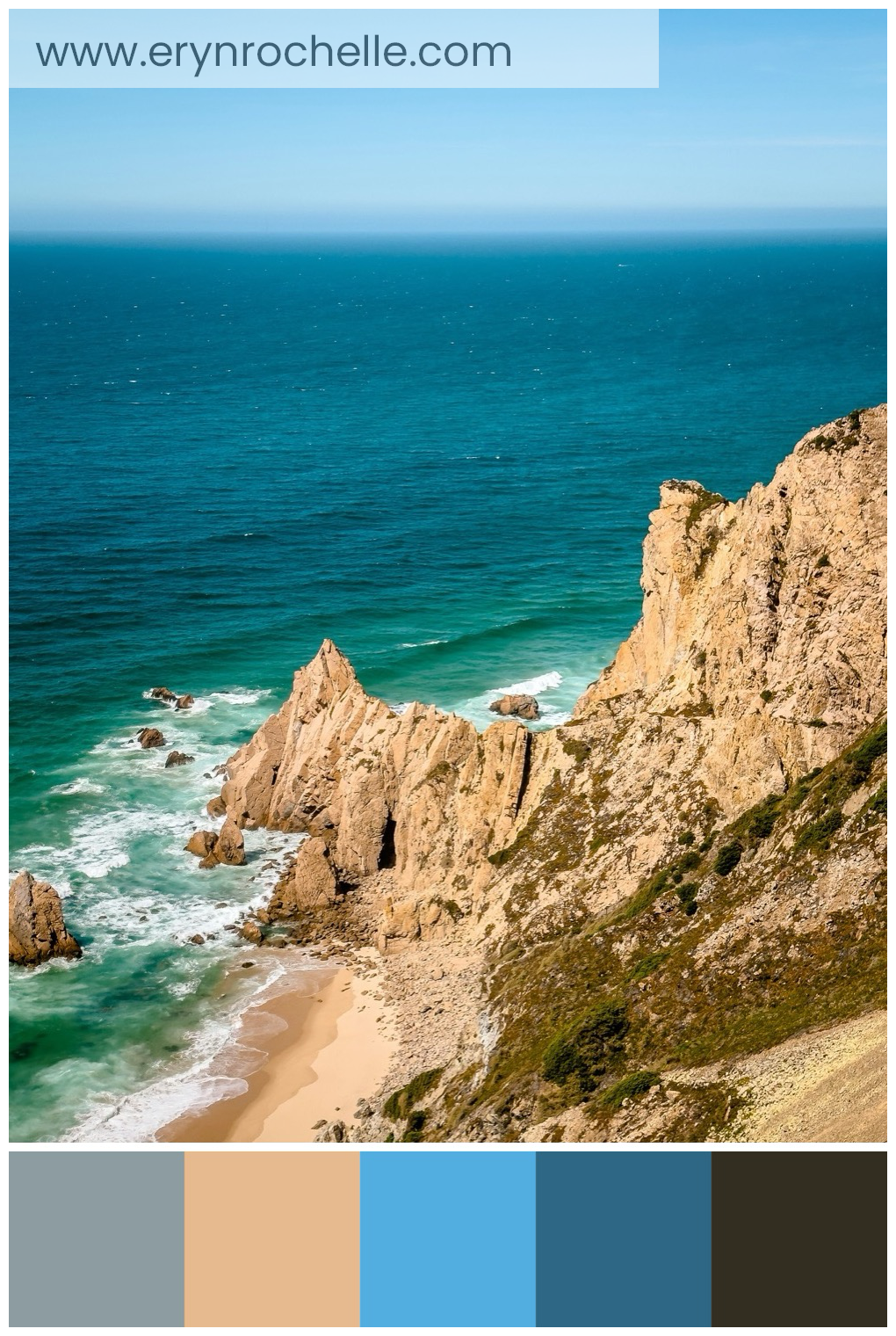 A tranquil view of the ocean from the top of a hill, showcasing the calm sea and rocky terrain.