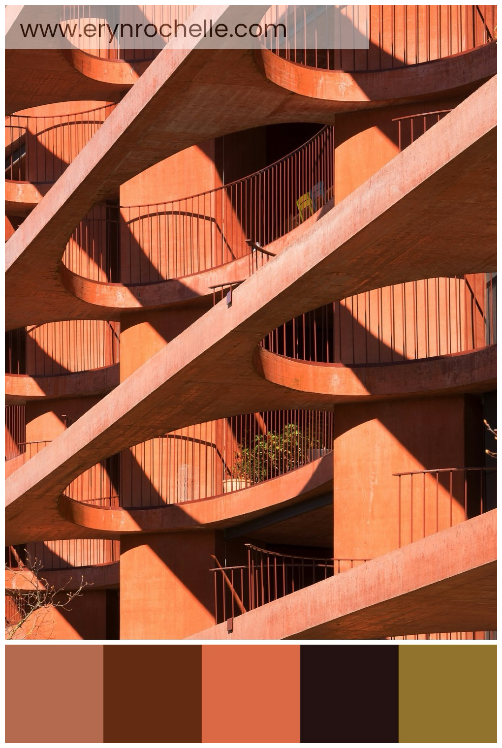 A brown-painted concrete building with rich, warm tones and sunlit accents, showcasing the urban charm and industrial elegance.