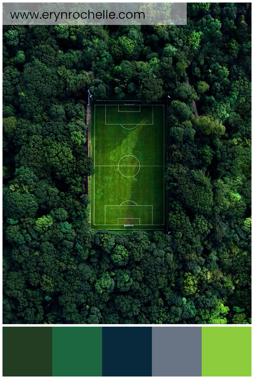 Aerial view of a green basketball court surrounded by green trees during daytime, featuring a color palette of forest green, court green, deep blue, slate gray, and lime green tones.