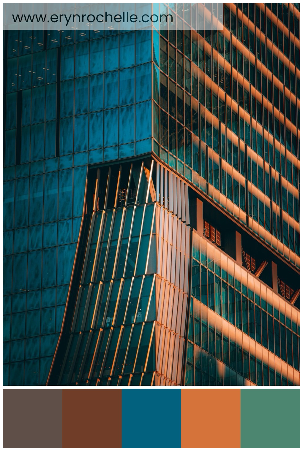 A modern building with glass walls reflecting the cityscape, featuring a color palette of earthy browns, vibrant copper, and cool blue and green tones.