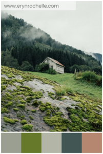 A house surrounded by lush mountains during the daytime, featuring a palette of earthy greens, soft grays, and warm terracotta tones.