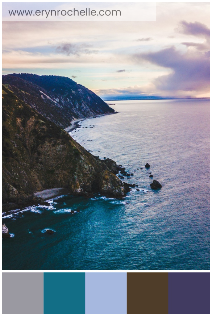 A calm body of water crashing on the shore of a cliff under white clouds, featuring a color palette of cloud gray, ocean blue, sky blue, cliff brown, and deep slate tones.