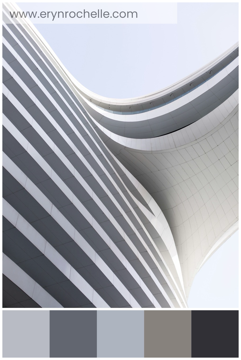 A curved modern building set against a sky background, featuring a color palette of pale gray, slate gray, cool silver, urban taupe, and charcoal black tones.